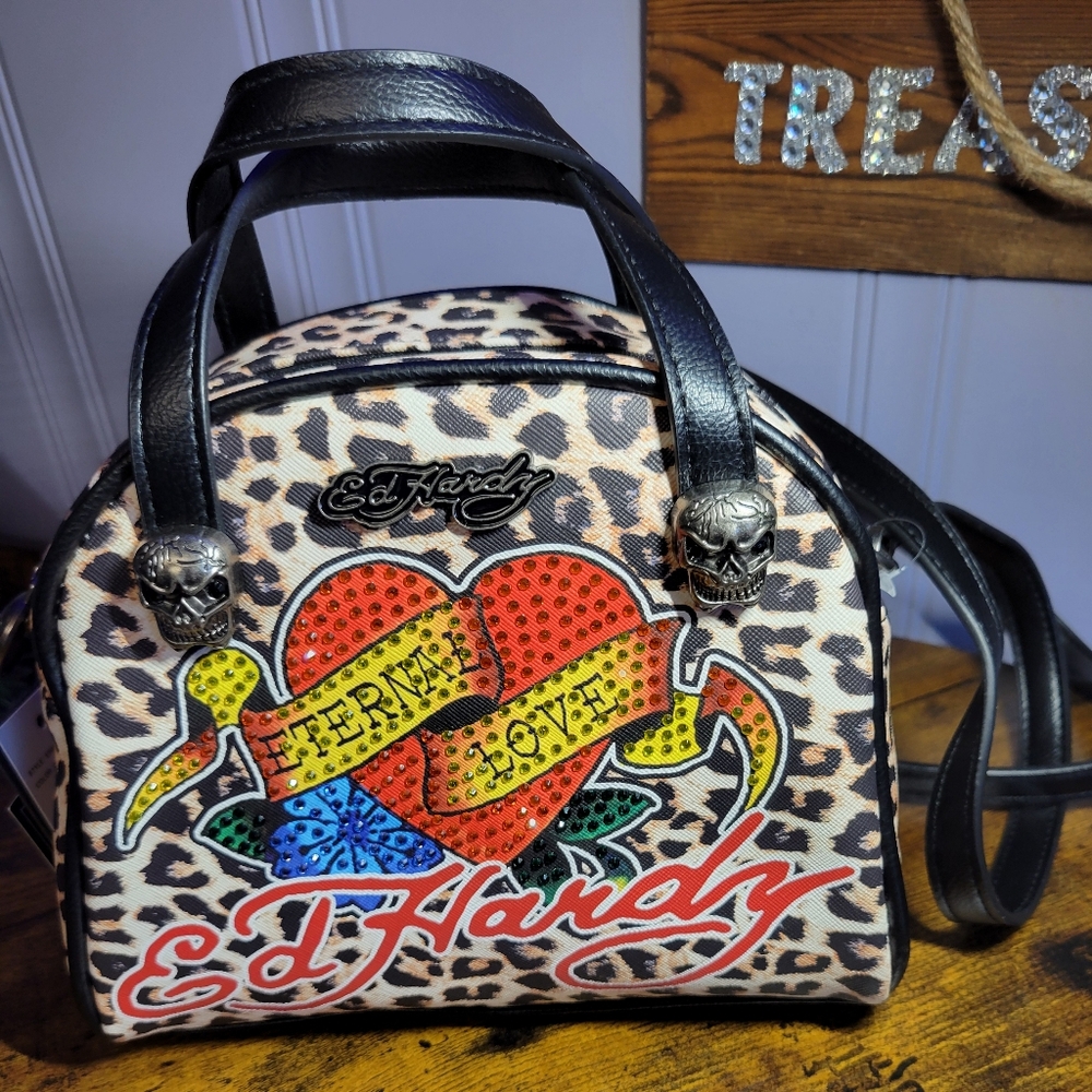 Ed Hardy Heart Skull Weekender Bag with Leopard Print